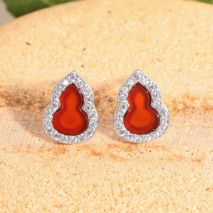 S925 silver hulu stud earrings with red carnelian and sparkling zircon accents