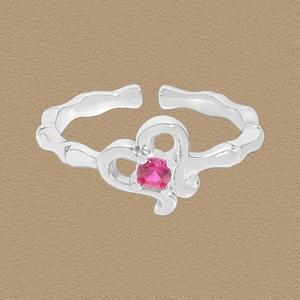 S925 Sterling Silver Magenta Zirconia Heart Ring For Women Adjustable Bamboo Texture Irregular Opening Finger Ring Elegant Jewelry Gift