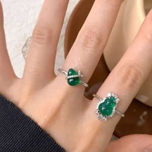S925 sterling silver open ring with green chalcedony gourd and cubic zirconia accents