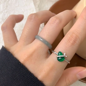 S925 silver open ring set with green chalcedony gourd charm and grey jade band