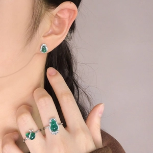 Elegant S925 silver ring featuring green chalcedony gourd and zircon accents on model