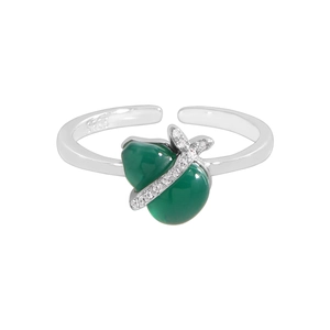 Elegant S925 sterling silver open ring featuring a green chalcedony gourd with pavé diamonds