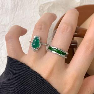 S925 silver rings set with green chalcedony gourd and zircon inlay for women
