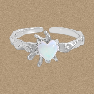 925 Sterling Silver Heart Moonstone Ring Molten Texture Liquid Metal Adjustable Open Ring For Women Minimalist Aesthetic Jewelry