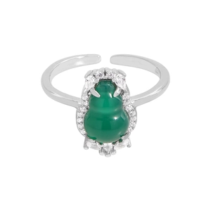 Elegant S925 silver ring with green chalcedony gourd and sparkling zircon accents