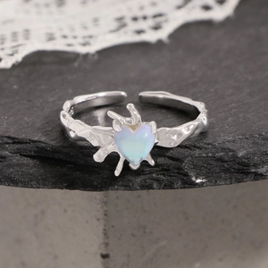 S925 silver lava texture heart moonstone ring with adjustable opening for women
