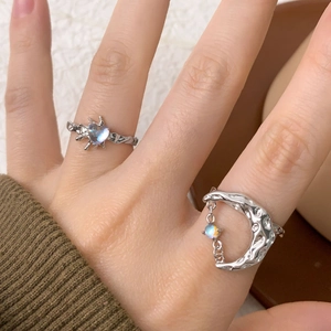 S925 silver lava texture heart ring and moonstone crescent ring set for women