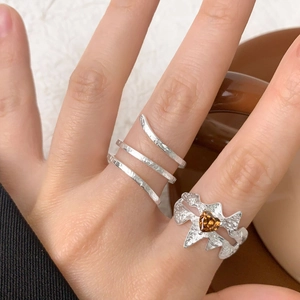 S925 sterling silver texture wrap ring and lava ring with amber heart zircon on model