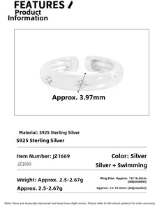 Detailed specs of S925 sterling silver starburst ring showing 3.97mm width and 2.5g weight