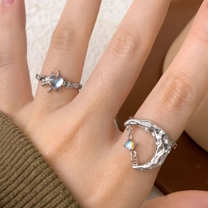 S925 sterling silver lava texture moon ring and heart moonstone ring set for women