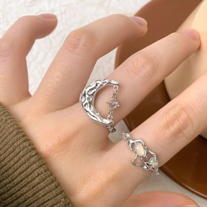 Minimalist silver S925 moon ring with lava texture and opal stones for women