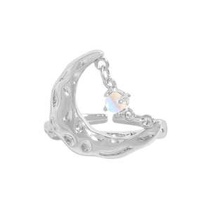 Minimalist S925 sterling silver moon ring with lava texture and iridescent opal charm