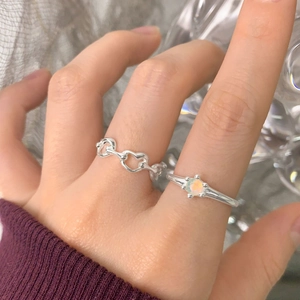 Set di anelli in argento S925 con catena a cuore e opale per donna