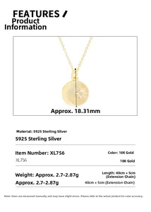 Detailed close-up of S925 silver 18K gold star and moon medallion pendant dimensions