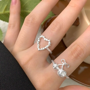 S925 sterling silver bow cherry and heart open ring set on woman finger with leaves