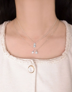 Close-up of double-layer S925 silver necklace with star pendants and a white pearl on neck