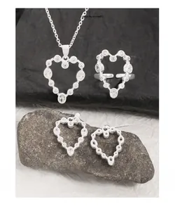 Detailed set of S925 silver heart necklace, open ring and studs with zircons
