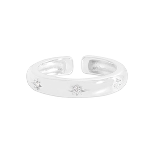 Minimalist S925 sterling silver open ring featuring three engraved starburst zircon accents