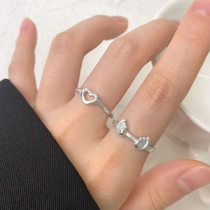 S925 sterling silver ocean wave open rings set with heart and knot designs for women