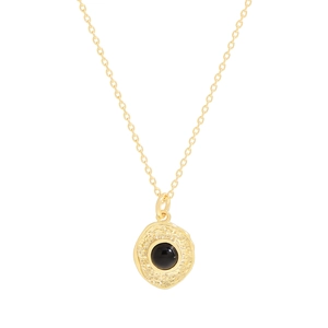 S925 sterling silver gold necklace with irregular hammered pendant and black agate