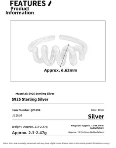Spécifications techniques détaillées de la bague ouverte spirale en argent S925