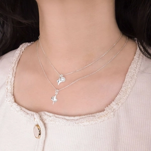 Elegant S925 sterling silver layered necklace with star charms and pearl pendant for women