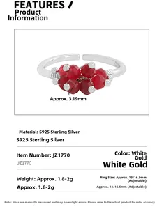 Detailed specs of S925 sterling silver open ring with red crystals and adjustable size