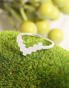 Macro shot of S925 sterling silver irregular V-shape pixel ring on green moss background