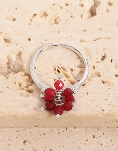Detail shot of a S925 silver open ring featuring red crystal beads in a floral design