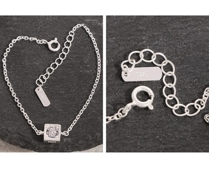 Détail du bracelet en argent S925 avec pendentif carré en zircon et fermoir à ressort