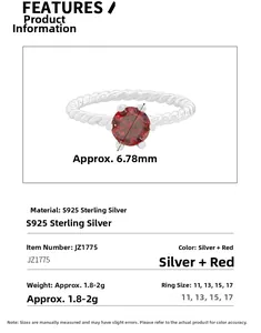 Detail view of S925 sterling silver twisted ring featuring a 6.78mm red zircon stone