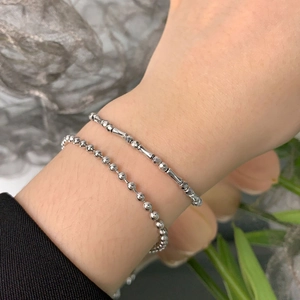 Minimalist S925 sterling silver beaded bracelet set with rhombus and bamboo tube design