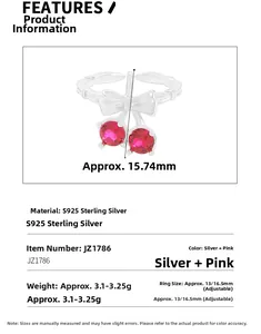 Detailed size specifications for adjustable S925 sterling silver cherry bow ring