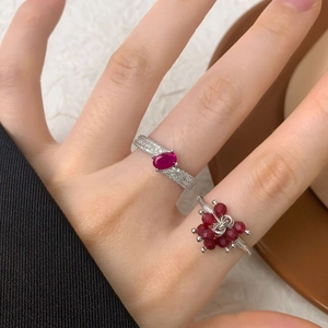 Elegant S925 silver open ring featuring red crystal ruby in floral and pave diamond styles