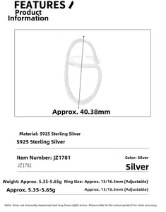 Detailed size specifications of the S925 sterling silver irregular ribbon ring