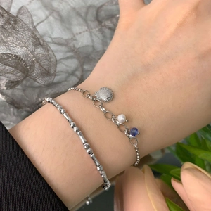 Elegant S925 sterling silver layered bracelet set with shell, pearl and blue crystal beads