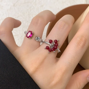 Elegant S925 silver open ring with rose red crystal flower and zircon on hand
