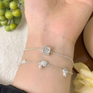 Bracelets S925 en argent avec zircon carré, pendentif coquillage et petites perles