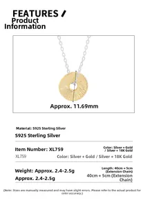 Detail of S925 sterling silver coin necklace with sunray texture and gold plating
