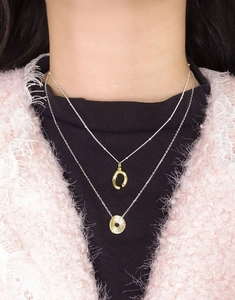 Layered sterling silver necklaces with textured gold horseshoe and round coin pendants
