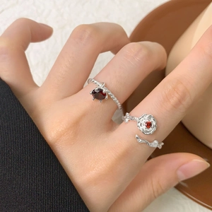 S925 sterling silver twist ring with red zircon pendant and rose flower design