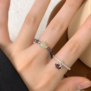 S925 sterling silver twist ring with red gemstone and beaded elastic ring set for women
