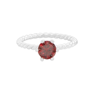 Twisted S925 sterling silver ring featuring a round red zircon stone in a 6-prong setting