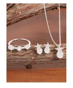 Detailed macro shot of S925 sterling silver star jewelry set on a rustic bark background