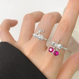 S925 sterling silver cherry bow ring featuring red corundum and zircon gemstones
