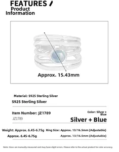 Detailed specs of adjustable S925 silver ring with natural aquamarine and multi-layer bands