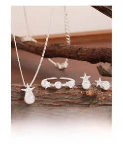 Détail d'un ensemble S925 argent avec boucles d'oreilles étoile, bague et collier