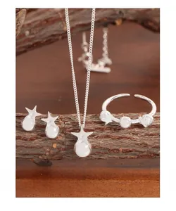 Detailed view of S925 sterling silver star pendant necklace and ring on wooden branch