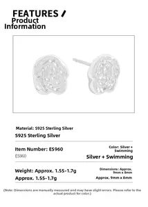 Macro shot of 925 sterling silver rose earrings with 9x8mm dimensions and matte finish