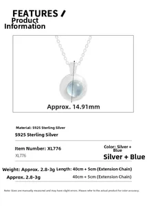 Detailed S925 sterling silver necklace specs with a 14.91mm round aquamarine pendant